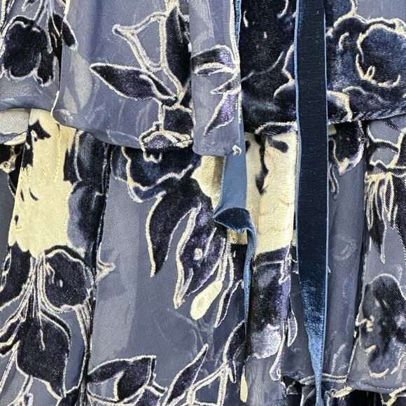 Marchesa Navy Blue Floral Velvet Textured Tiered Cocktail Midi Dress | Size 4 - Picture 13 of 13